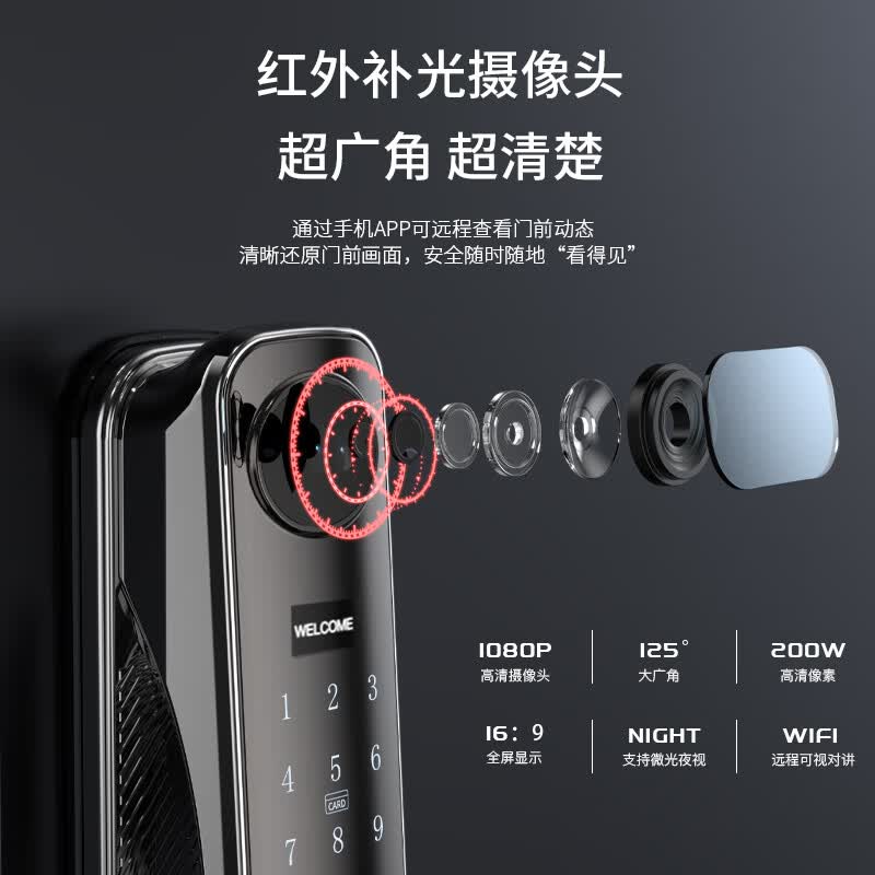 锁先森R1pro-3D人脸识别智能锁远程抓拍APP指纹密码刷卡3年质保包安装 玄铁灰 涂鸦可视对讲