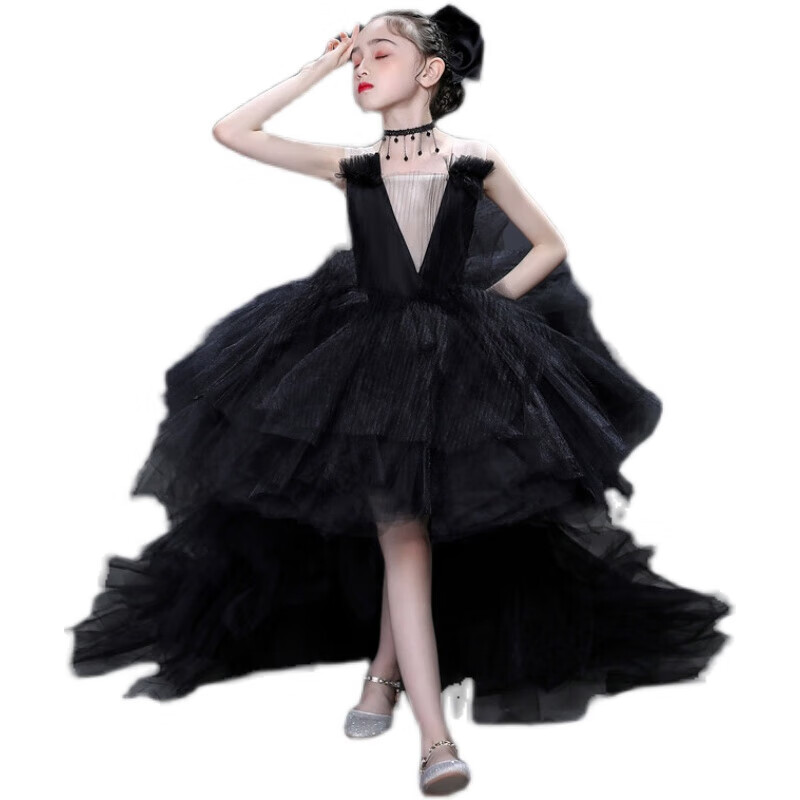 颜纯儿童礼服女女童黑色走秀礼服拖尾儿童高端公主裙钢琴演出小 黑色