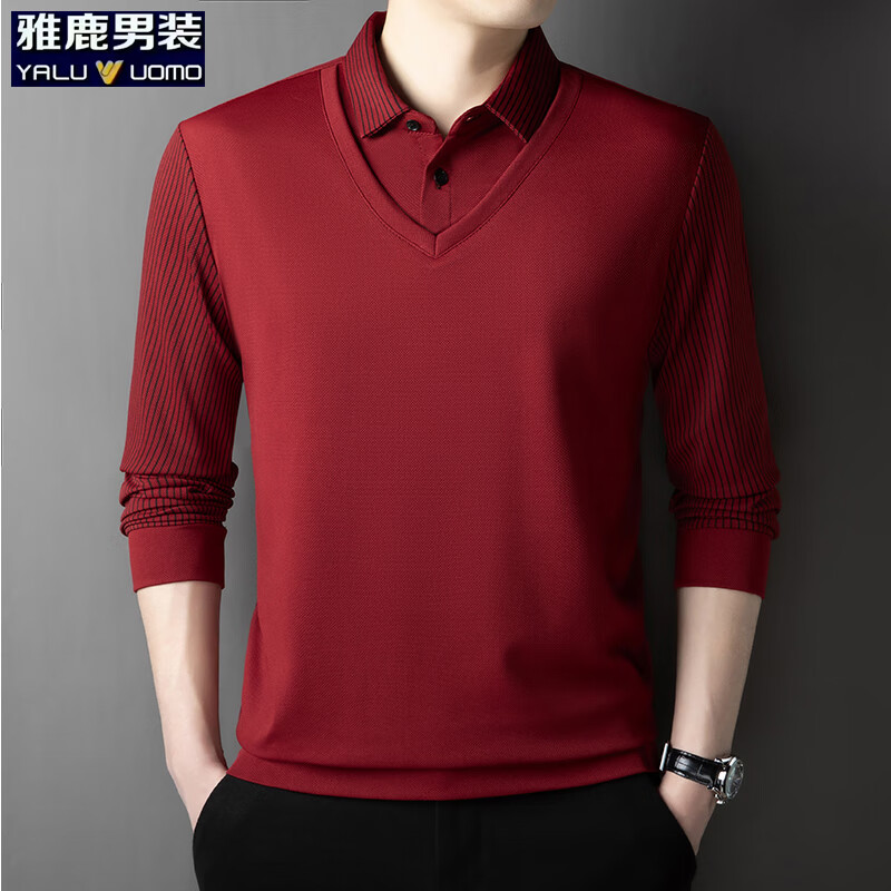 雅鹿男装假两件毛衣男士休闲翻领针织衫秋季薄款时尚潮流男装上衣t恤衫 红色 4XL (190)(建议185-200斤)