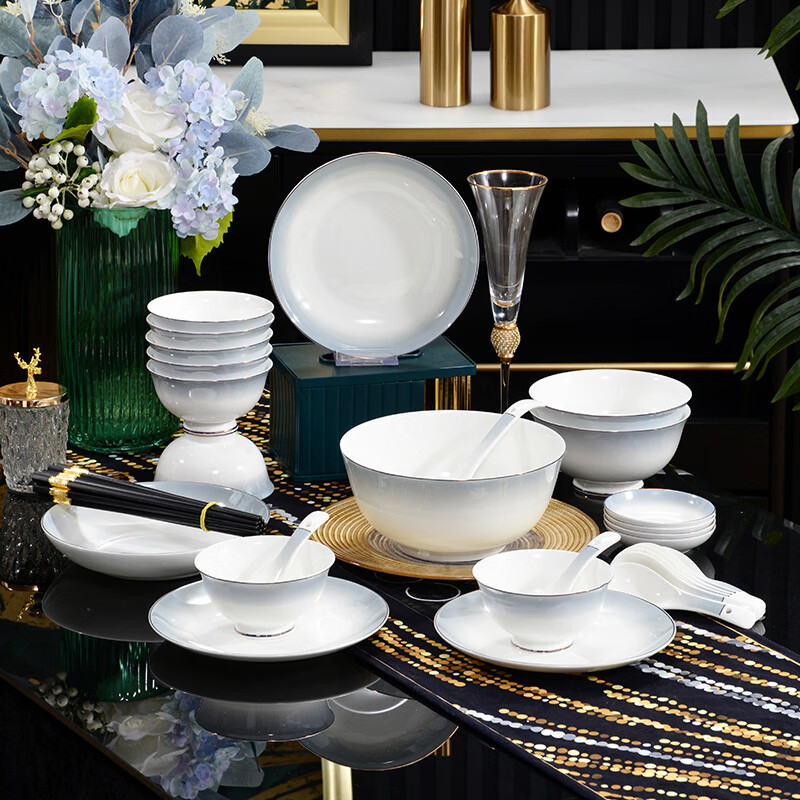 孟垣星空渐变34件套骨质瓷饭碗汤碗套装盘子碟子餐具套装MY-XKH34 星空渐变灰34件套礼盒套装