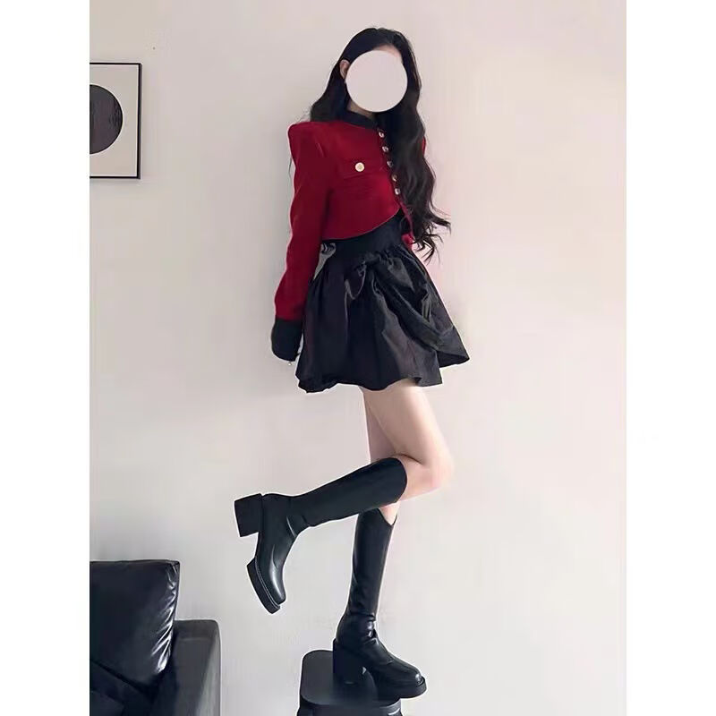 绮岑冬季裙子女学生套装小个子芊艺秋优雅风名媛短款红色外套搭配连衣 红色外套 S推荐【80-95斤】