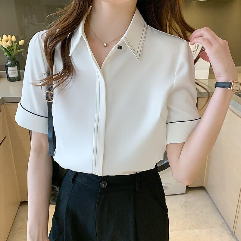 初申夏款短袖衬衫女简约百搭职业通勤白色雪纺衬衣上衣 sw23b46