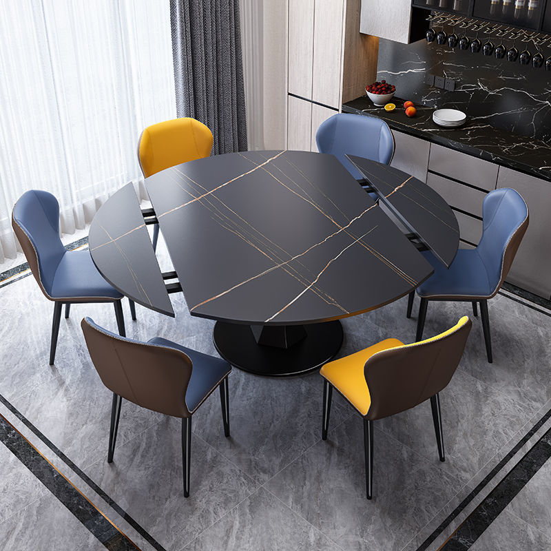 轻奢实木餐桌椅组合家用小户型旋转圆形两用饭桌现代意式伸缩桌子 劳伦黑金（哑光岩板） 1.2+6椅子（加厚岩板）
