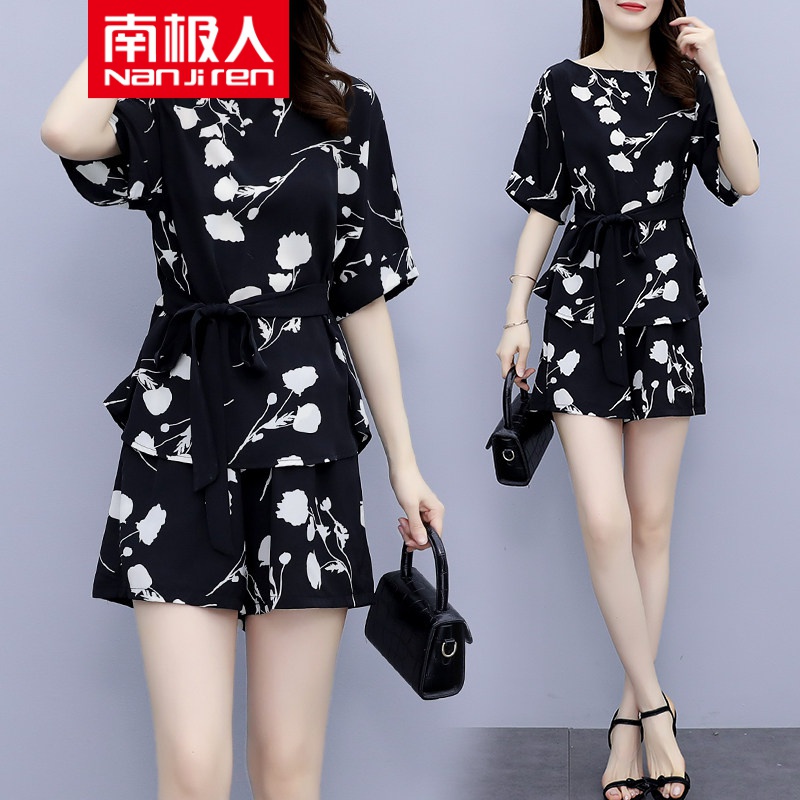 南极人夏装新品雪纺印花连体裤小个子阔腿连衣裤休闲短裤套装女 黑色