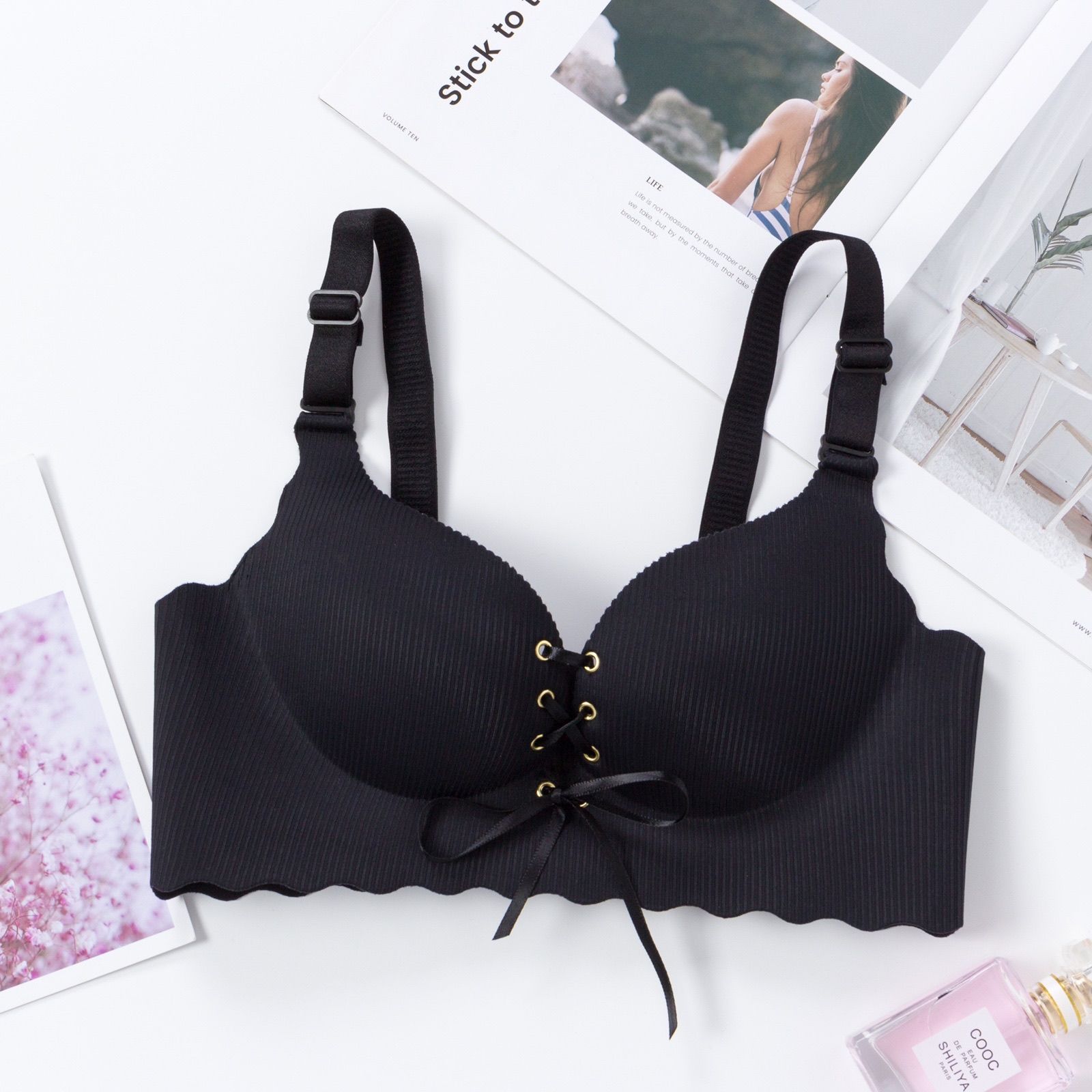 绑带拉绳内衣女小胸聚拢无痕内衣女小胸罩聚拢绑带调整型性感 黑色