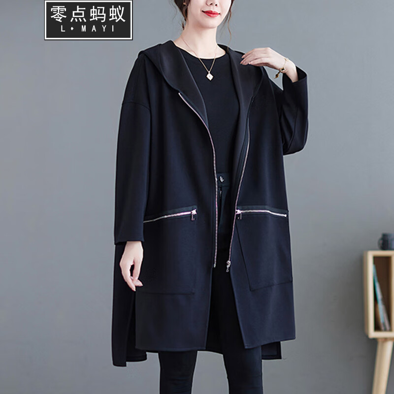 零点蚂蚁大码女装秋装韩版宽松简约休闲连帽外套春秋加肥加大胖mm显瘦中长款风衣 图片色 2XL【170-190斤】