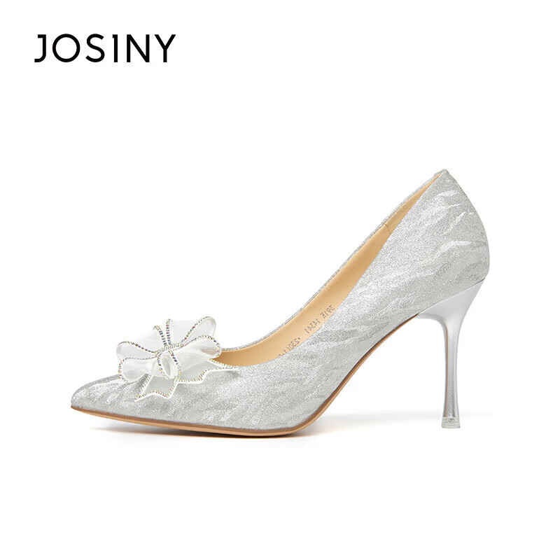 卓诗尼（Josiny）高跟鞋女时尚蝴蝶结套脚气质婚鞋尖头细跟百搭女士单鞋 银白色 37