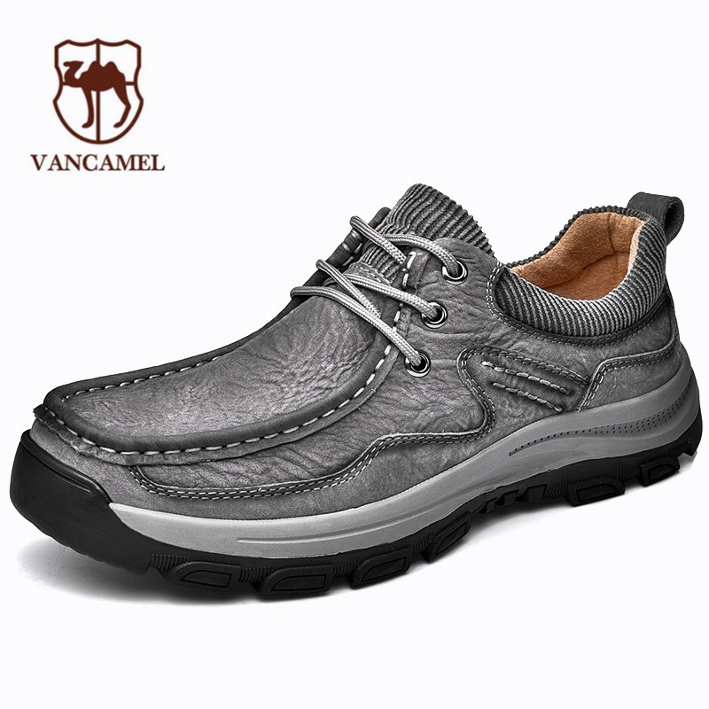 西域骆驼男鞋户外徒步登山鞋宽胖脚宽头休闲鞋系带厚底防滑中老年皮鞋