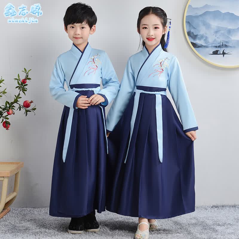 鑫志锦 儿童古装汉服春秋季表演服国学服朗诵合唱男女书童中国风小学生幼儿园唐装元旦六一演出服YX-TZ-05蓝色直袖130怎么样,好用不?