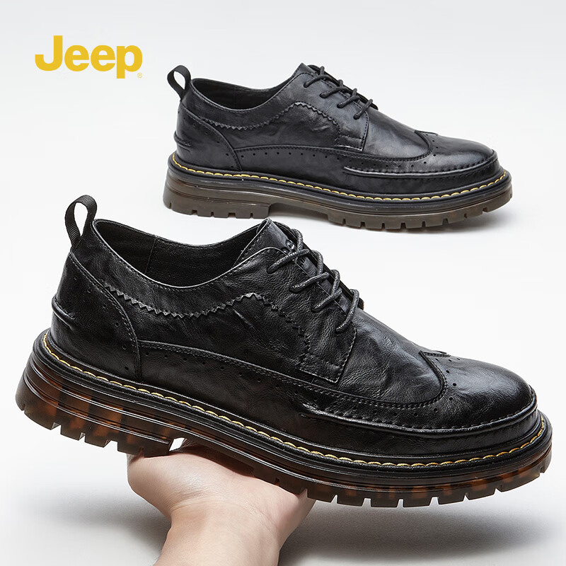 男鞋春季新款男士时尚休闲鞋男厚底系带潮流正装皮鞋子男 黑色 245/39
