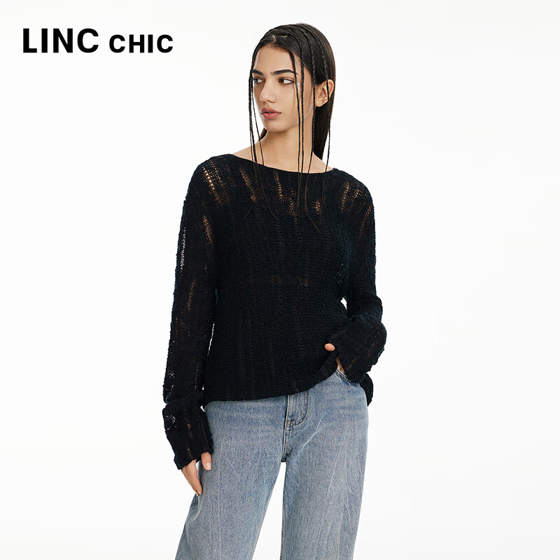 金羽杰薄透镂空长袖针织衫女短款春秋季新品圆领打底小衫上衣S241SW320Y 莱赛尔黑 M 适合110斤以下