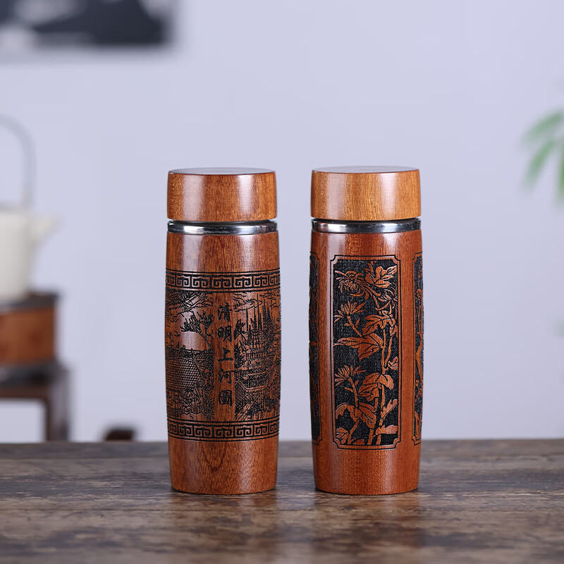 檀轩阁紫砂保温杯紫砂胆茶杯男士款实木外壳红木水杯送父亲生日节日礼物 梨花木-清明上河图(皮盒)300ml