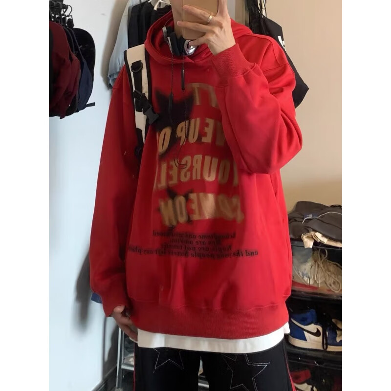 黑盒白秋冬季连帽卫衣男装美式高街印花潮牌加绒保暖情侣长袖上衣外套男 XXJR-WR485灰色 加绒 XL 【125-140斤】