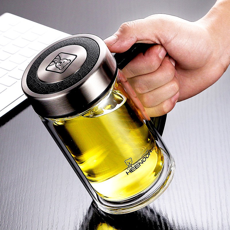 希诺(heenoor)双层玻璃杯茶杯带把办公杯老板杯子带过滤泡茶水杯男士