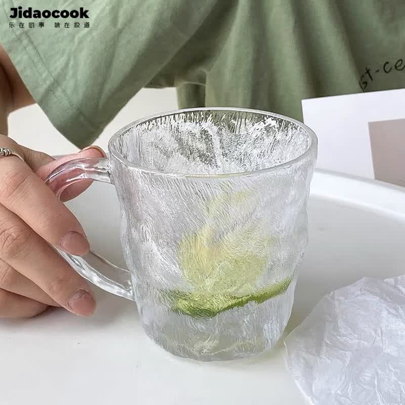 Jidaocook耐高温冰川纹玻璃杯ins风 高颜值杯子夏季家用喝水杯女磨砂感 带把冰川杯矮款300ml