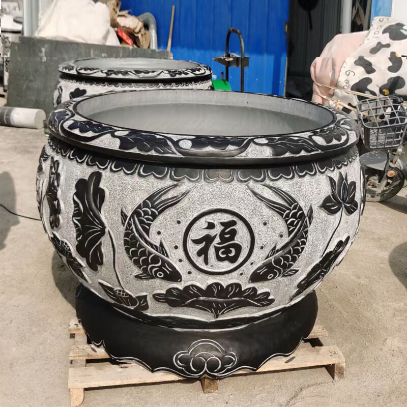 瀛乐 石雕鱼缸庭院流水荷花缸鱼缸鸳鸯缸仿古圆缸青石花钵水缸景观雕