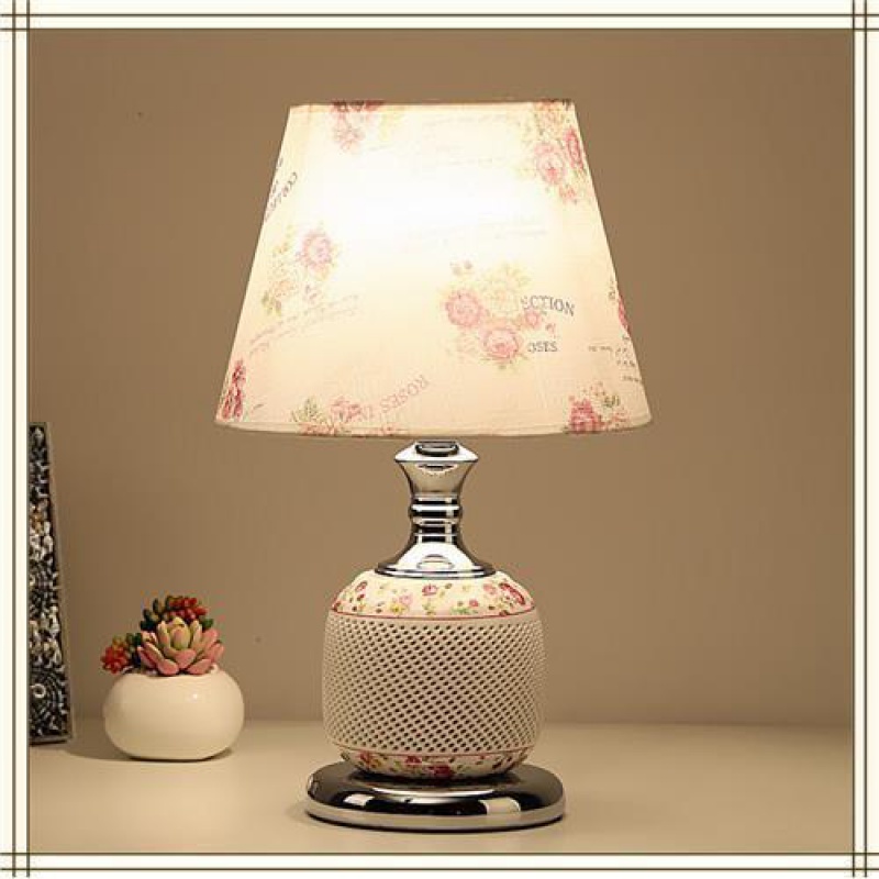 陶瓷台灯中式客厅卧室床头灯简约装饰布罩台灯LED灯具酒店客房灯. 16B陶瓷牡丹+白炽灯1个 调光开关