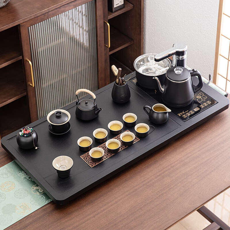 言藝（yanyi）言藝茶具整套茶具套裝全自動(dòng)上水一體茶臺(tái)仿石磨砂色茶盤配落雁黑 磨砂色茶盤配落雁黑陶