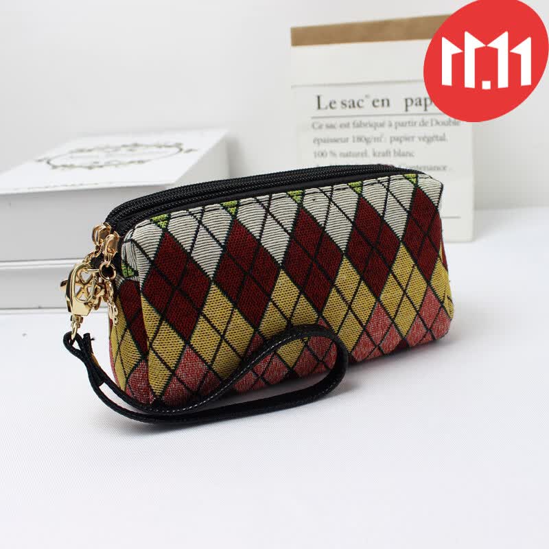 Gekazi品牌  2021秋冬新款大屏手机零钱包女士手拿手挽小包包三层休闲帆布包 格纹经典黑 手拿包