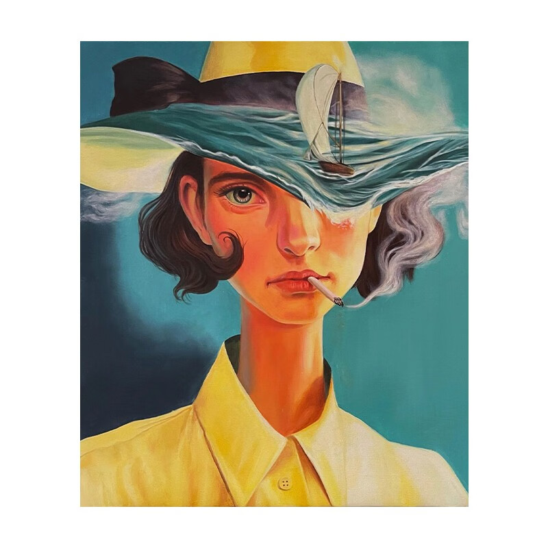 艺幻吸烟的女人手绘油画小众艺术创意人像装饰画客厅玄关丙烯肌理挂画