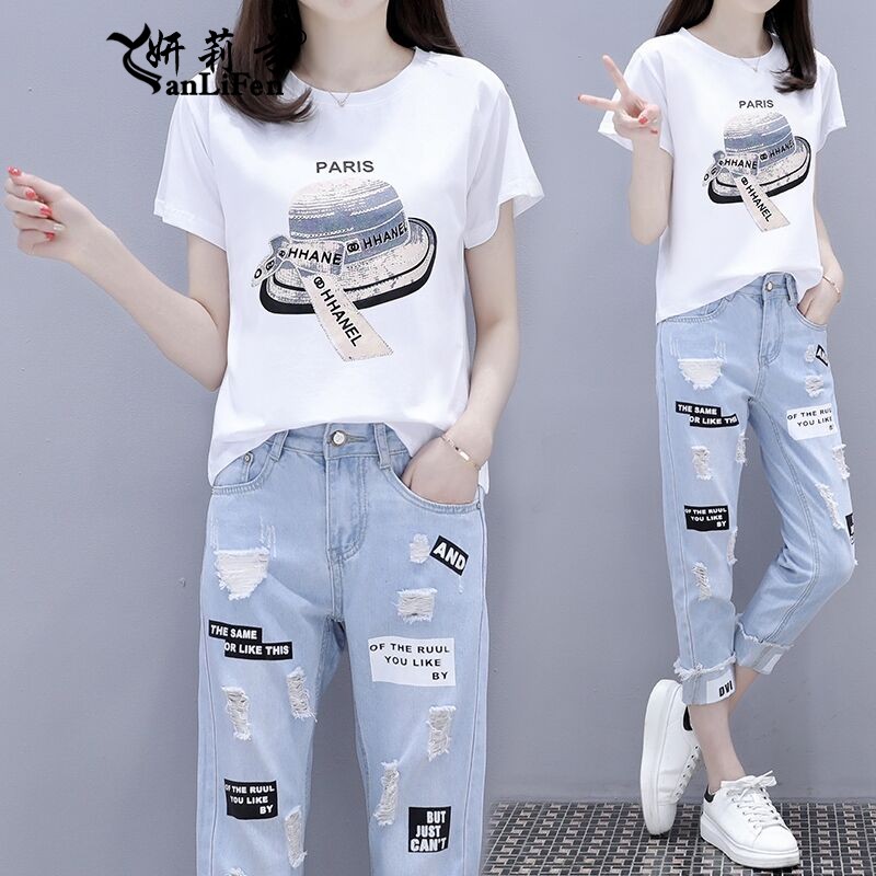 妍莉芬連衣裙女裝套裝夏裝新款韓版牛仔裙休閑時(shí)尚氣質(zhì)短袖印花衣服夏 白色帽子+淺色 L
