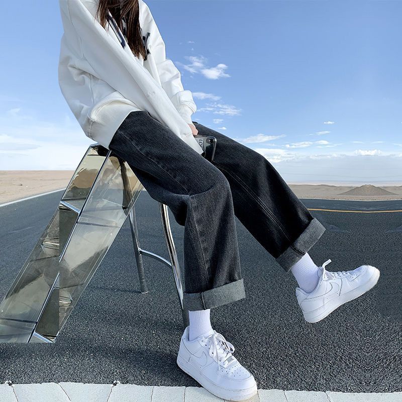 青少年初中生牛仔阔腿女孩高中学生加绒加厚烟灰色牛仔女高腰显瘦ins