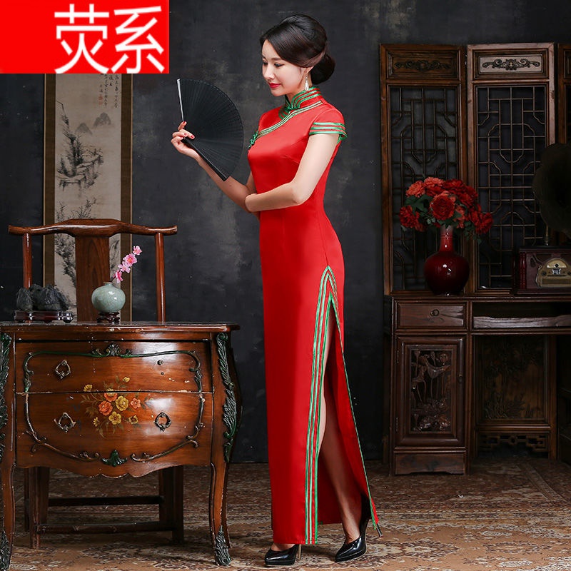 冬季女中国风复古修身老上海走秀演出旗袍连衣裙 红色 颜色以实物为准