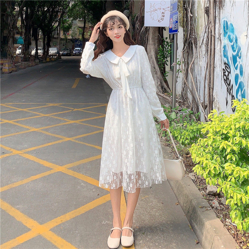 初春小清新娃娃领连衣裙长袖复古蕾丝时尚两装裙子 白色连衣裙 s 80