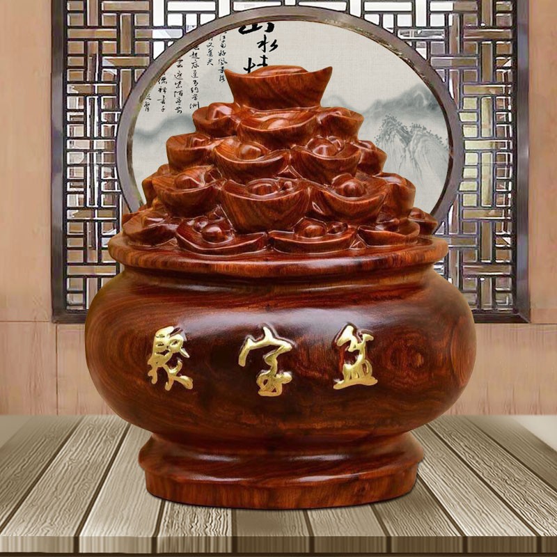天从 花梨木雕聚宝盆摆件  店铺公司开业礼品红木质工艺品生日礼物