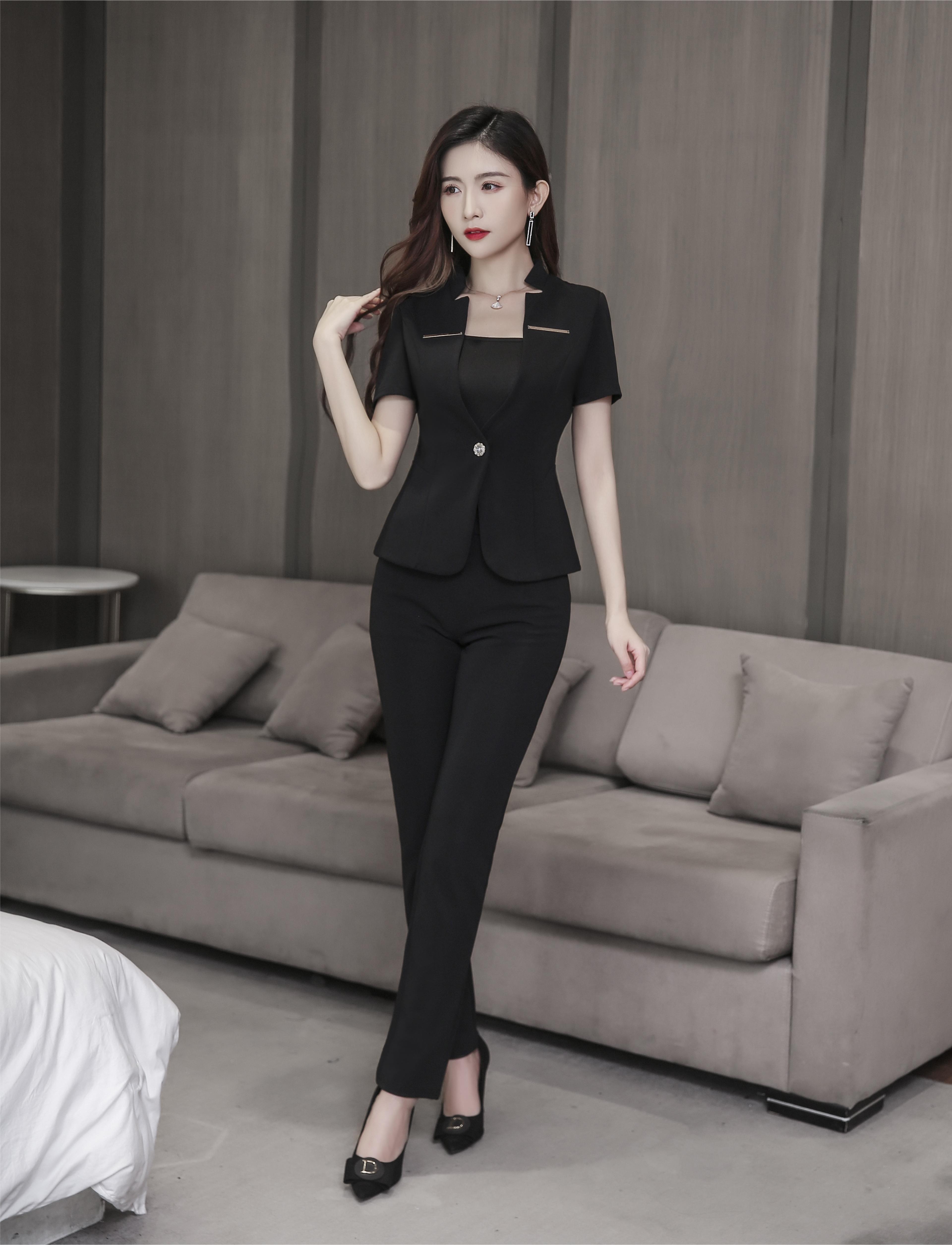 罗蒙 轻奢高端新款足疗技师工作服女足浴沐足按摩会所工衣气质高 黑色