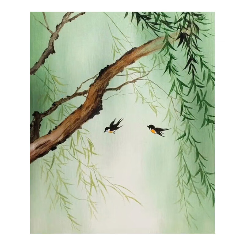 玄关比翼双飞燕子手绘油画客厅春天绿色柳树枝国画新中式装饰挂画