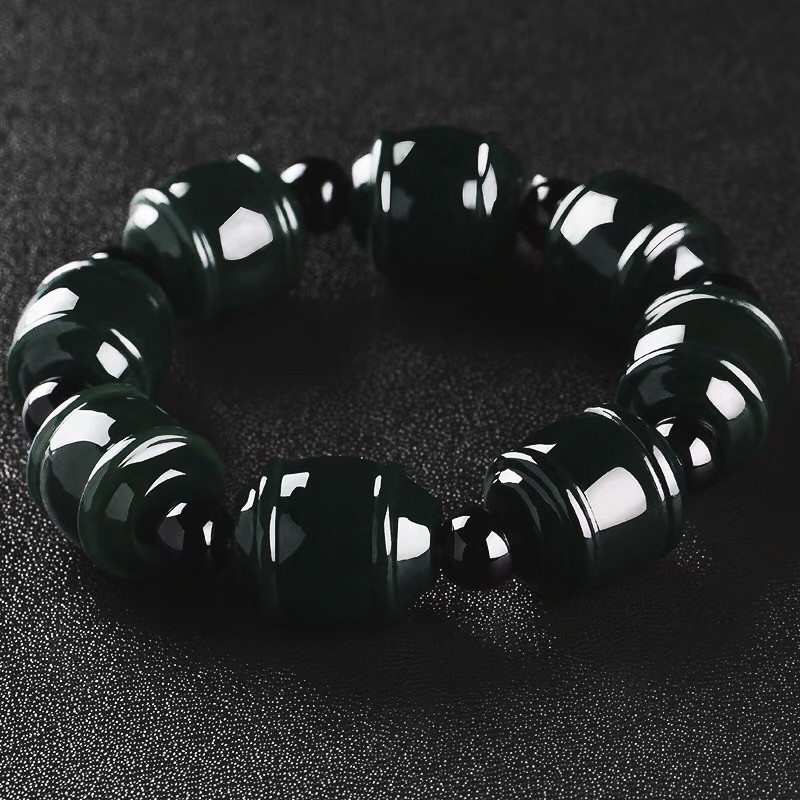 牧思 缅甸老坑a货墨翠手链男女款 墨翠桶珠手链 图片色