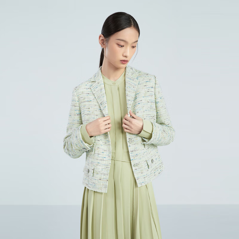 OVV2023春夏新款女装经典粗花呢时尚花纱短款西服外套 浅绿花纹01 M