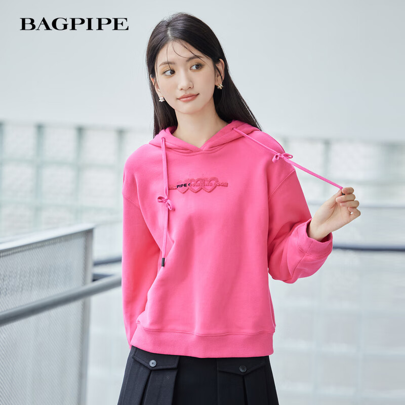 风笛（Bagpipe）风笛2024冬季新款连帽卫衣女韩版花卉刺绣帽衫宽松休闲打底衫 玫红 S 155