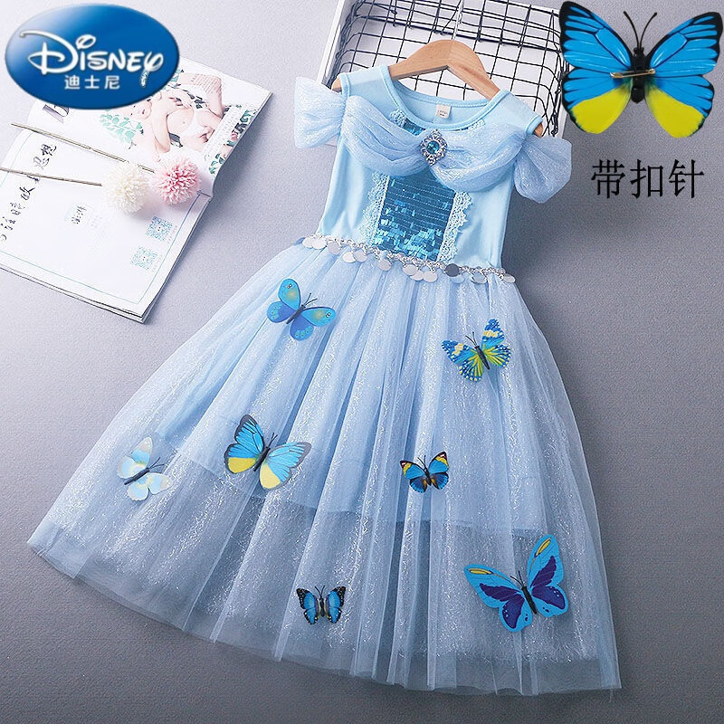 女童连衣裙新品中大童网纱蓬蓬裙爱莎卡通蝴蝶夏装无袖白雪公主裙粉 