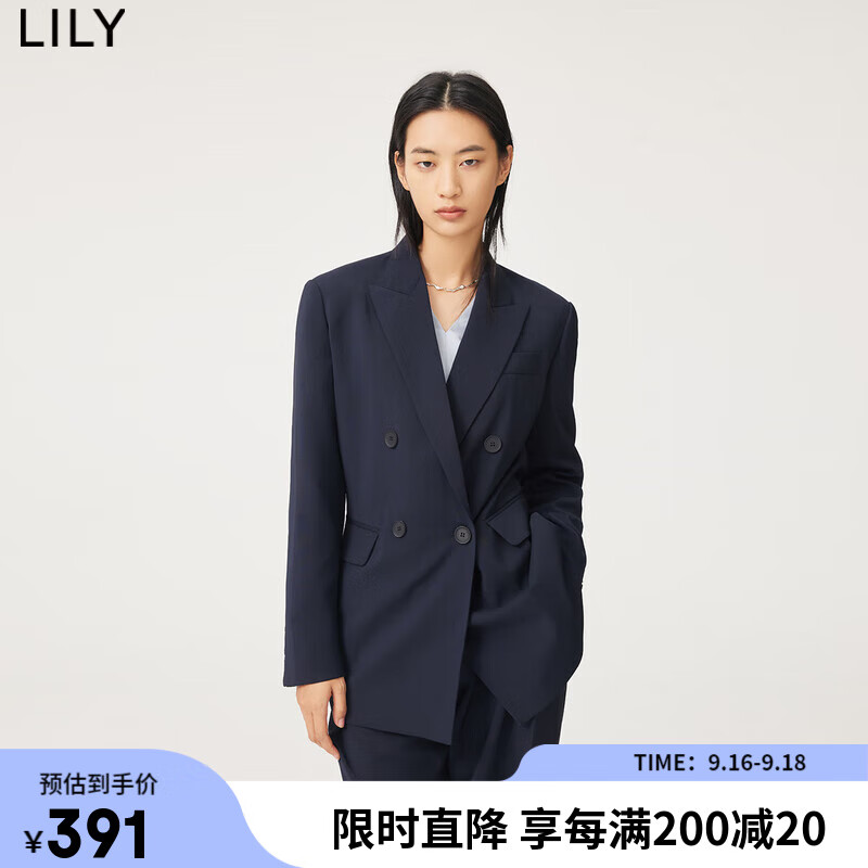 LILY【商场同款】2022秋新款女装高级气质纯色双排扣宽松西装外套 411藏青 L怎么看?