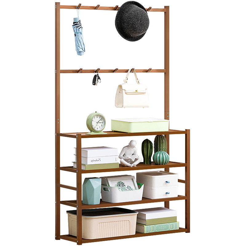 木马人 简易多层卧室落地玄关置物架室内卫生间储物架楠竹家用防尘置物架仓储货物架客厅收纳架卧室架子阳台 【双排挂钩】茶色-四层78长