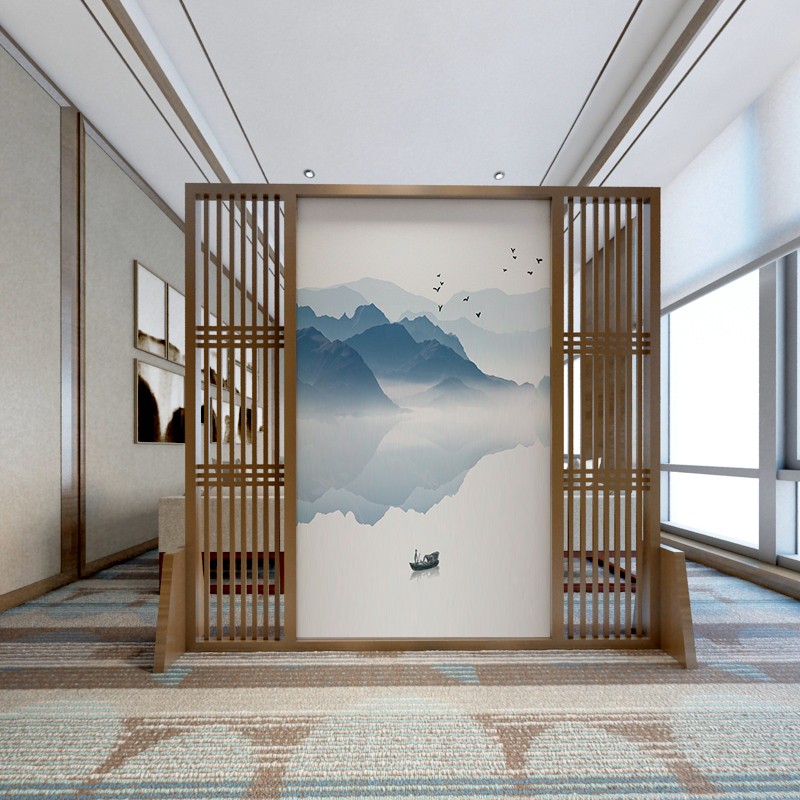 新中式屏风实木隔断镂空格栅半透纱画玄关客厅办公室茶室定制装饰