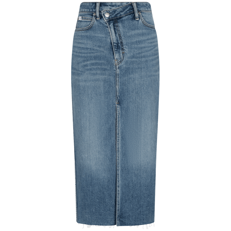 Calvin Klein Jeans春夏女士休閑通勤時尚ck斜角腰開衩毛邊牛仔半身裙J221043 1A4-牛仔藍(lán) 26