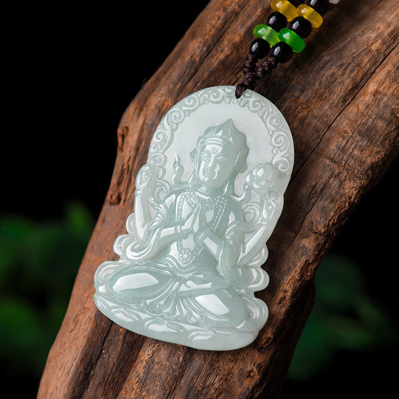 kerla翡翠四臂观音挂件男女玉石双面雕刻佛牌吊坠冰种玉佩项链 种玉佩