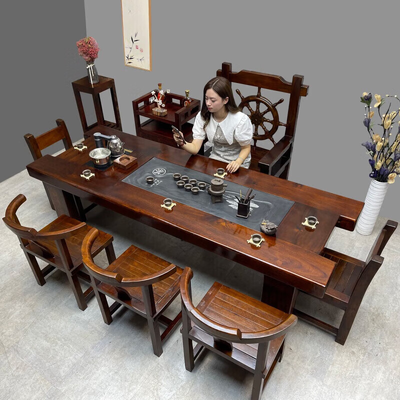 全实木实木茶台老船木茶桌椅组合一桌五椅功夫茶几一体办公大茶桌 1