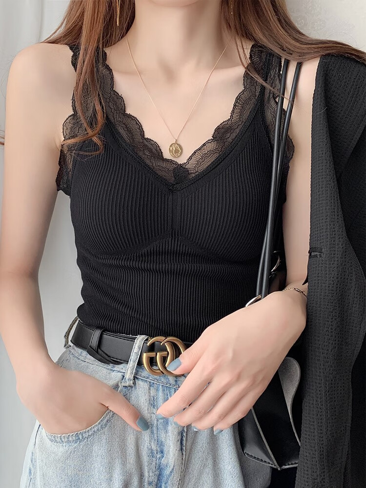 浪莎(langsha)加绒加厚吊带背心女保暖带胸垫美背蕾丝打底衫上衣服