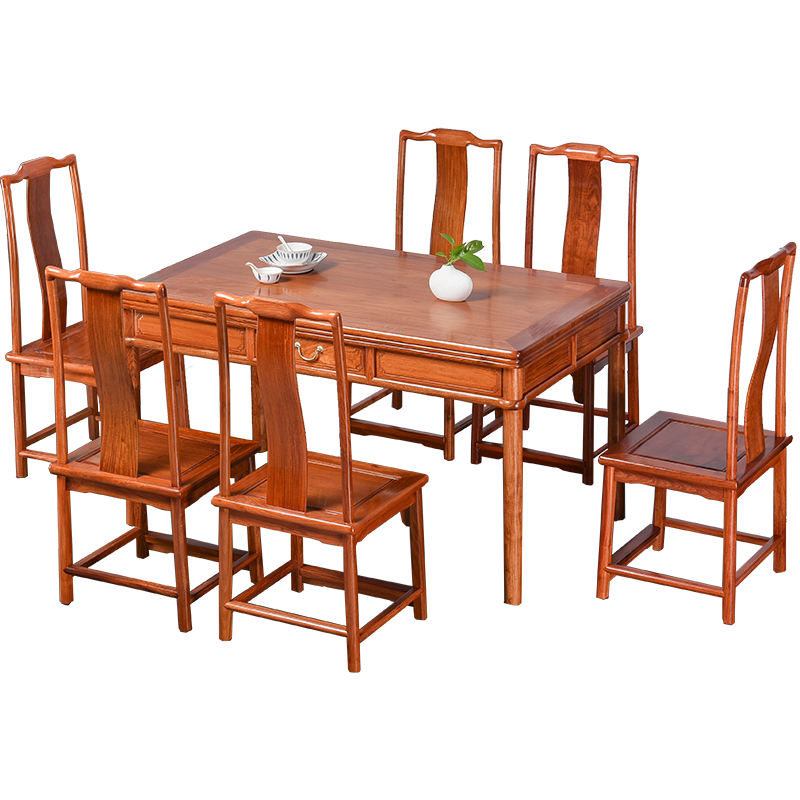 贡艺名居 红木家具缅甸花梨（学名：大果紫檀）带抽餐桌椅组合中式家用大小户型长方形饭桌子 餐桌(146*83*80cm)