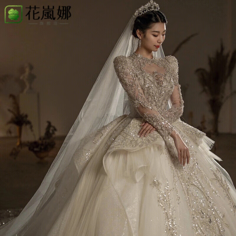 花嵐娜（HUALANNA）重工新娘主婚紗2025新款小個(gè)子長袖大拖尾法式輕質(zhì)感冬季 拖尾款【頭紗三件套】 XXXXL