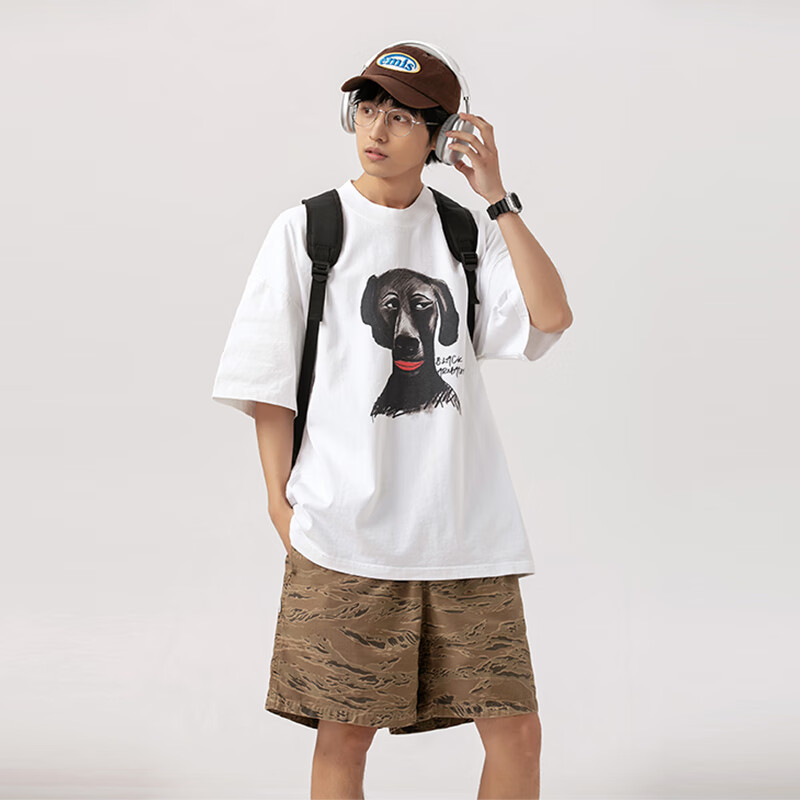 型曼300G重磅個性卡通狗頭圖案短袖T恤男寬松oversize落肩半袖上衣Tee 白色 S（寬松版）