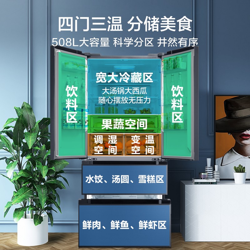 美的(Midea)19分钟急速净味508升变频一级能效法式多门电冰箱大容量家用除菌无霜智能家电BCD-508WTPZM(E)