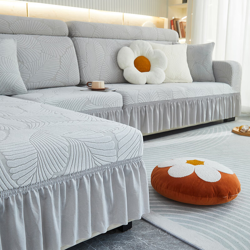 粉小萌沙发套全包罩四季通用三座一贵妃防猫抓万能通用型沙发罩防尘盖布 树叶加厚-浅灰 套餐2：左贵妃+无扶单人+右双人