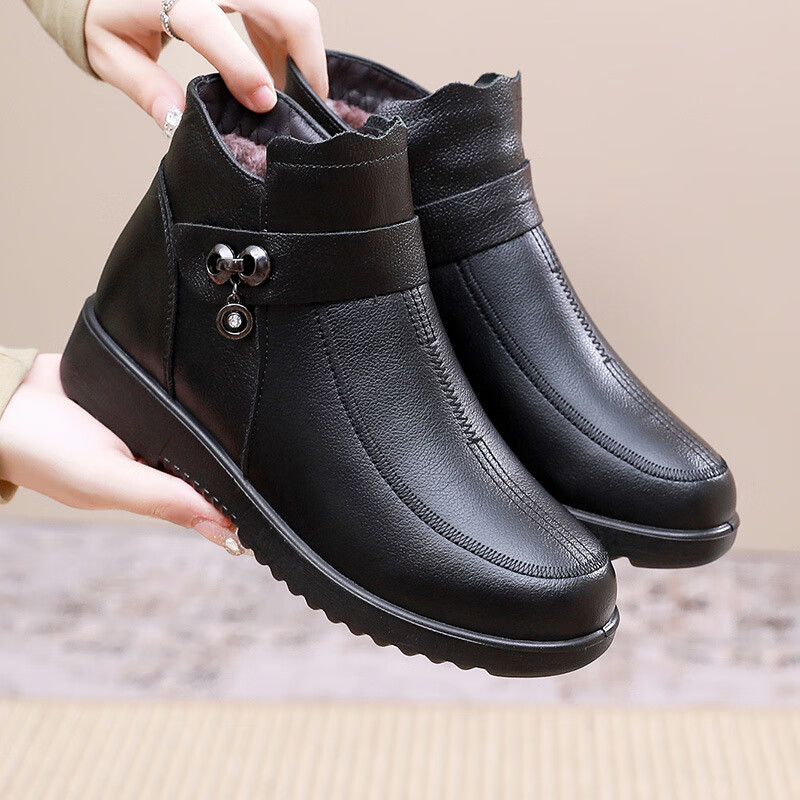 凯逸弗（kainifu）新款妈妈棉鞋加厚绒毛软底中老年妈妈皮靴 黑色 35