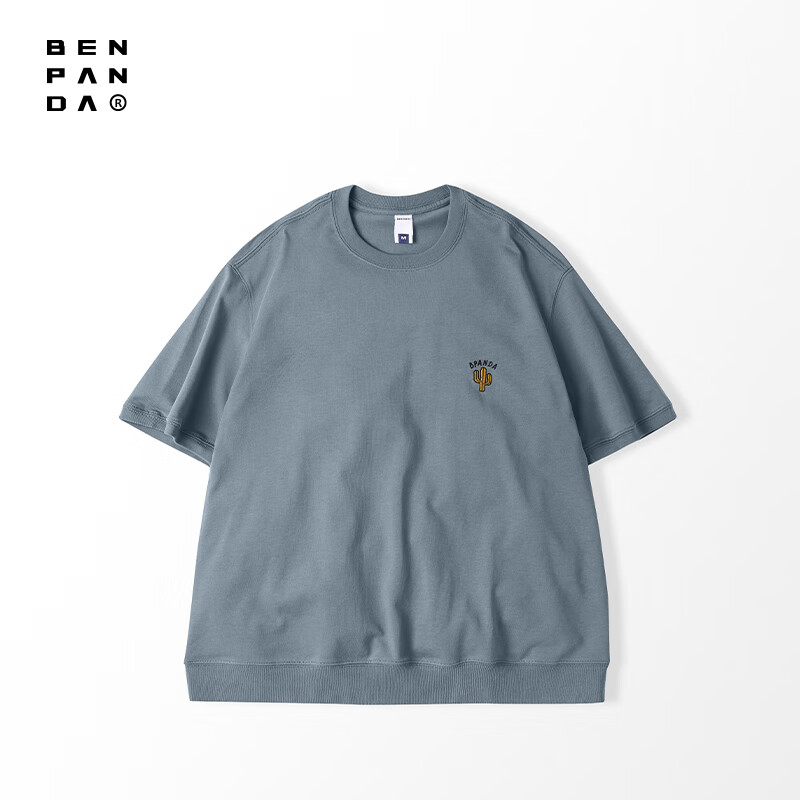 熊貓·本（ben.panda）夏季短袖男寬松美式休閑簡(jiǎn)約刺繡螺紋拼接純棉圓領(lǐng)情侶T恤 藍(lán)灰色 S