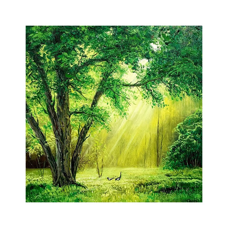 艺幻森系小清晰森林手绘油画大树绿色植物风景装饰画客厅玄关肌理挂画